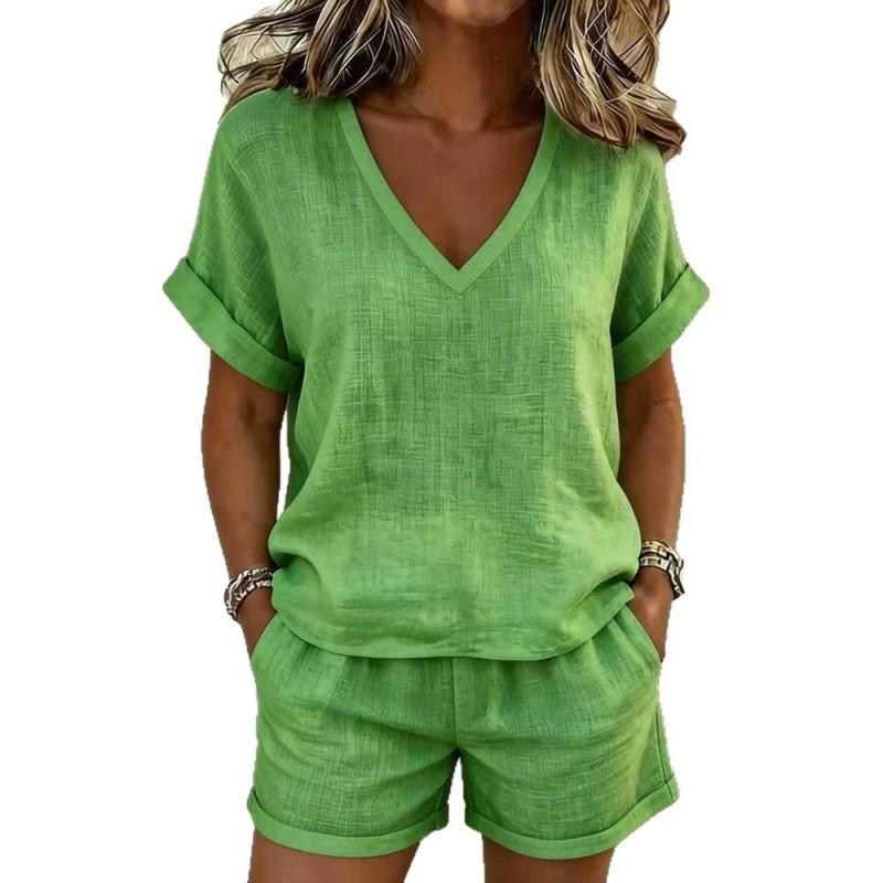Womens 2026 Casual 2-Piece Set: V-Neck Short Sleeve Top Elastic Waist Capri Shorts Pure Color Streetwear Outfit