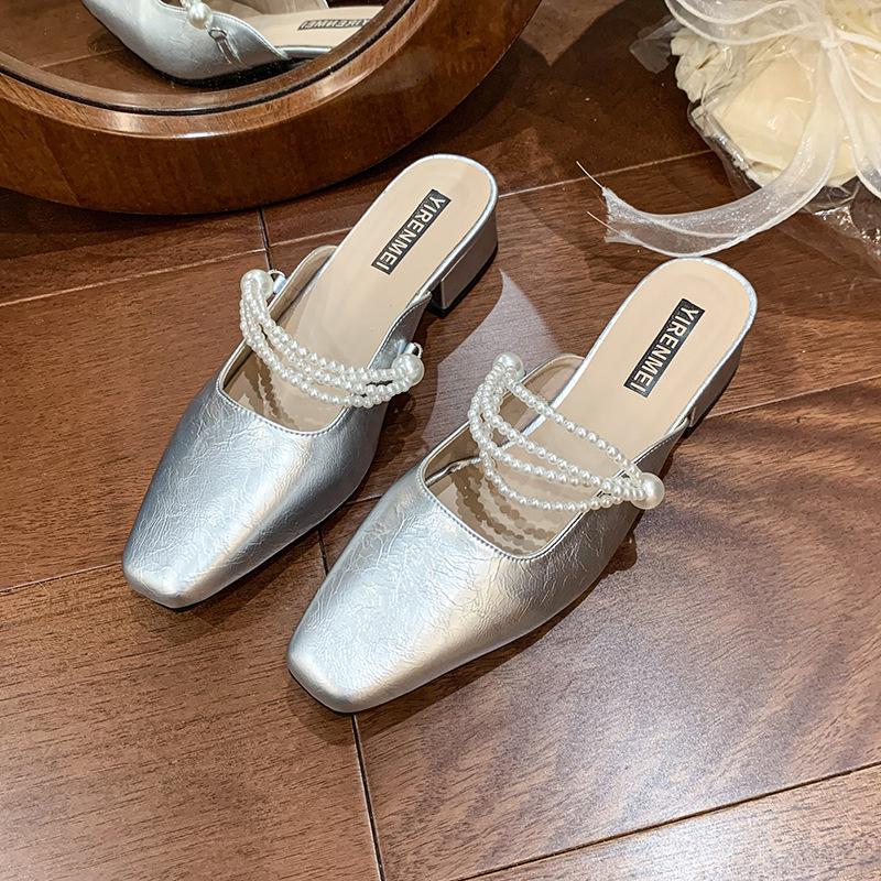 Baotou Cool Slippers Women's Fashion Outer Wear 2025 Summer New Thick Heel Medium Heel Half Slippers