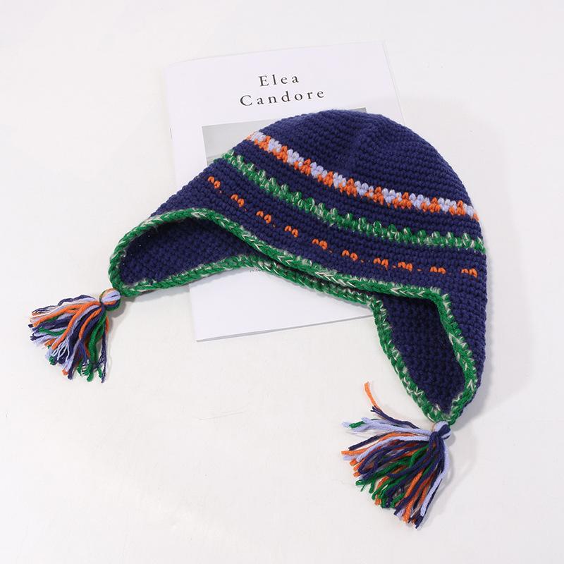 Winter Retro Women's Fedora Hats Ear Protection with Tassel Rainbow Girls' Personality Cold Winter Earmuffs