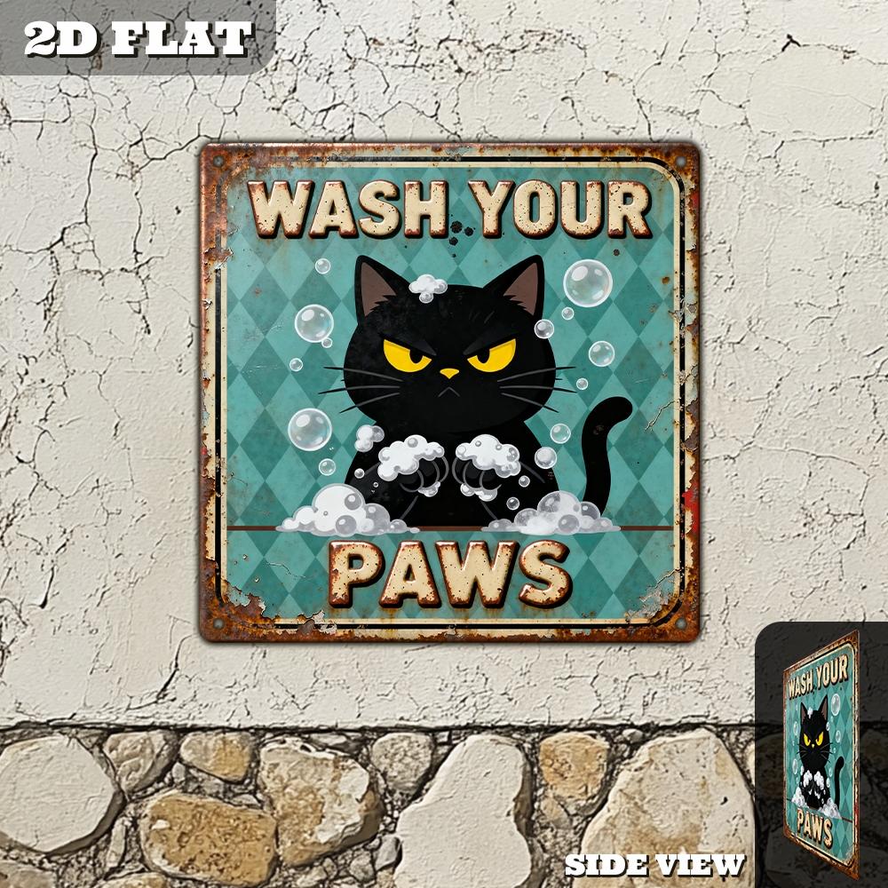 Vintage Black Cat Metal Sign Wash Your Paws Retro Funny Bathroom Wall Decor Home