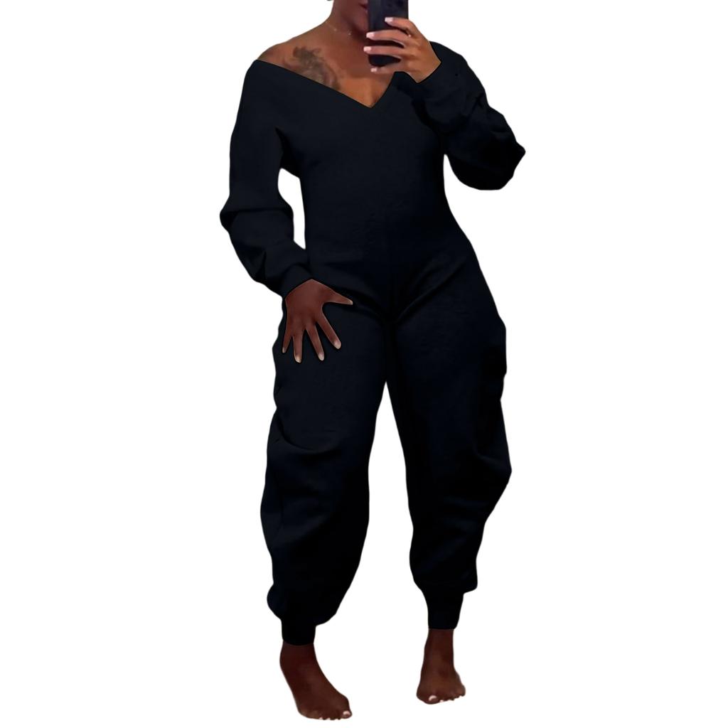 Damen einfarbiger Jumpsuit Schlaghose eng V-Ausschnitt sexy langärmliger Jumpsuit