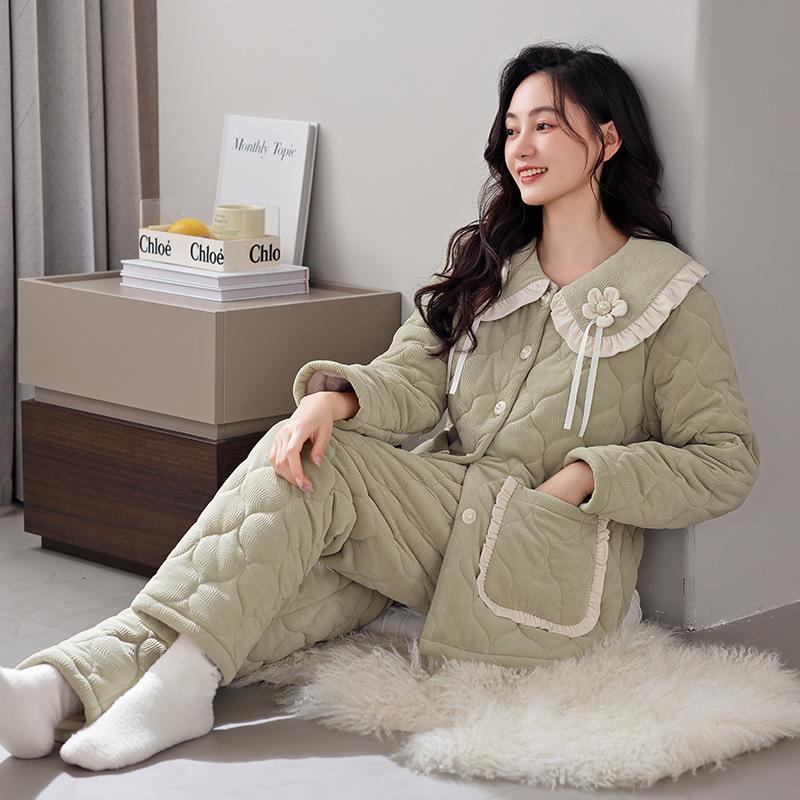 Coral Fleece Three-Layer Padded Pajamas Women'S Autumn And Winter Thickened Warm Padded Jacket Loungewear Set