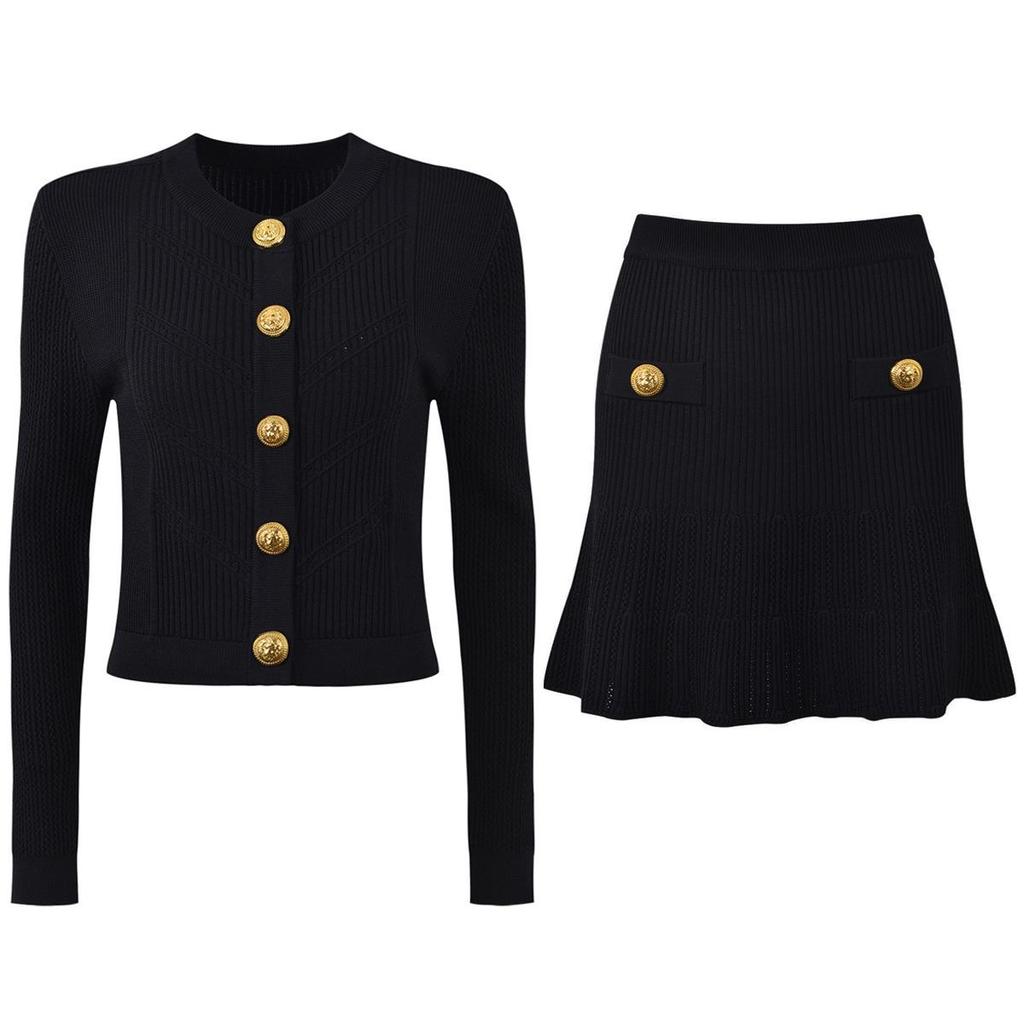 2025 Spring/Autumn Women's Fashion Knitted Cardigan & A-Line Skirt Set