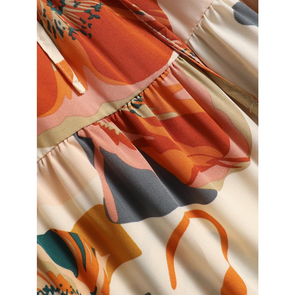 A-line Skirt, Pleated Skirt, Floral Print, Elastic Waist, Midi Skirt