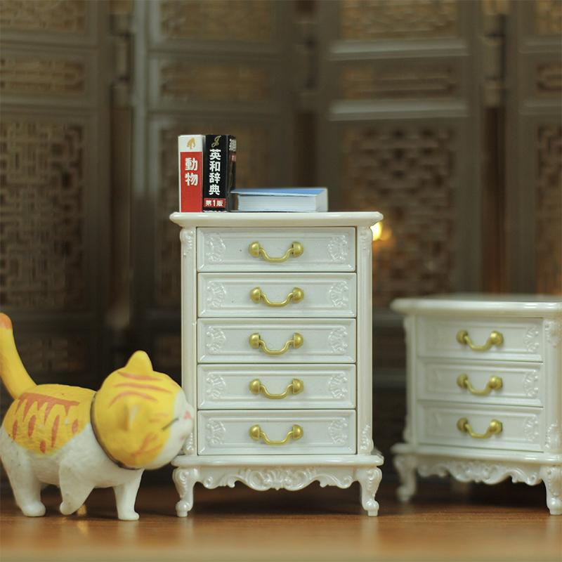 1/12 Dollhouse Miniature European Chest Of Drawers Bedroom Bedside Table Storage High And Low Cabinet Model DIY Life Scene Decoration