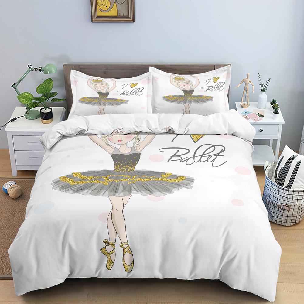 Ballet Dancer Girl Duvet Cover Set White Princess Bedding Set Cute Cartoon Bedclothes Queen King Size Polyester Comforter Cover