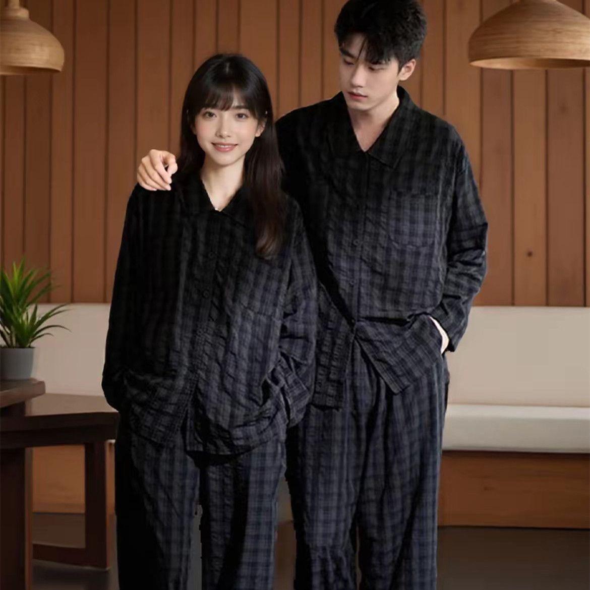 

Комплект хлопковых пижам для пар: Легкий костюм с лацканами, длинным рукавом и брюками, больших размеров, свободного кроя, для дома, для мужчин и женщин Women s M (70-90 jin)