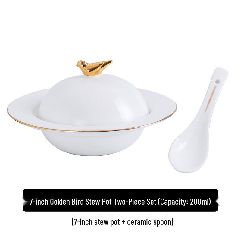 LIU Commercial Ceramic Gold Rim Stew Pot Set 7 Gold Bird Stew Pot & Spoon Set