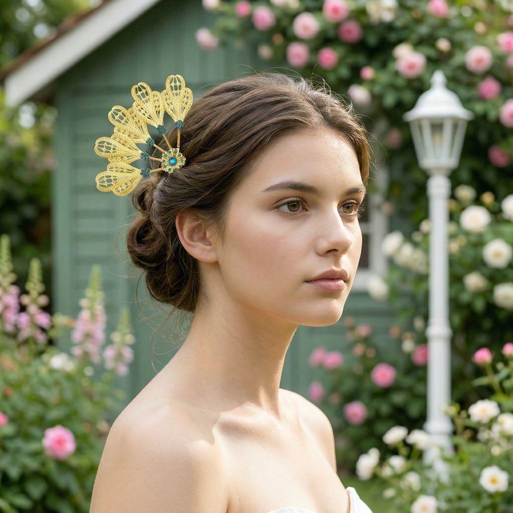 Crystal Rhinestone Flower Hairpin Metal Ethnic Headdress Jewelry Thai Style Leaf Hair Stick  Party