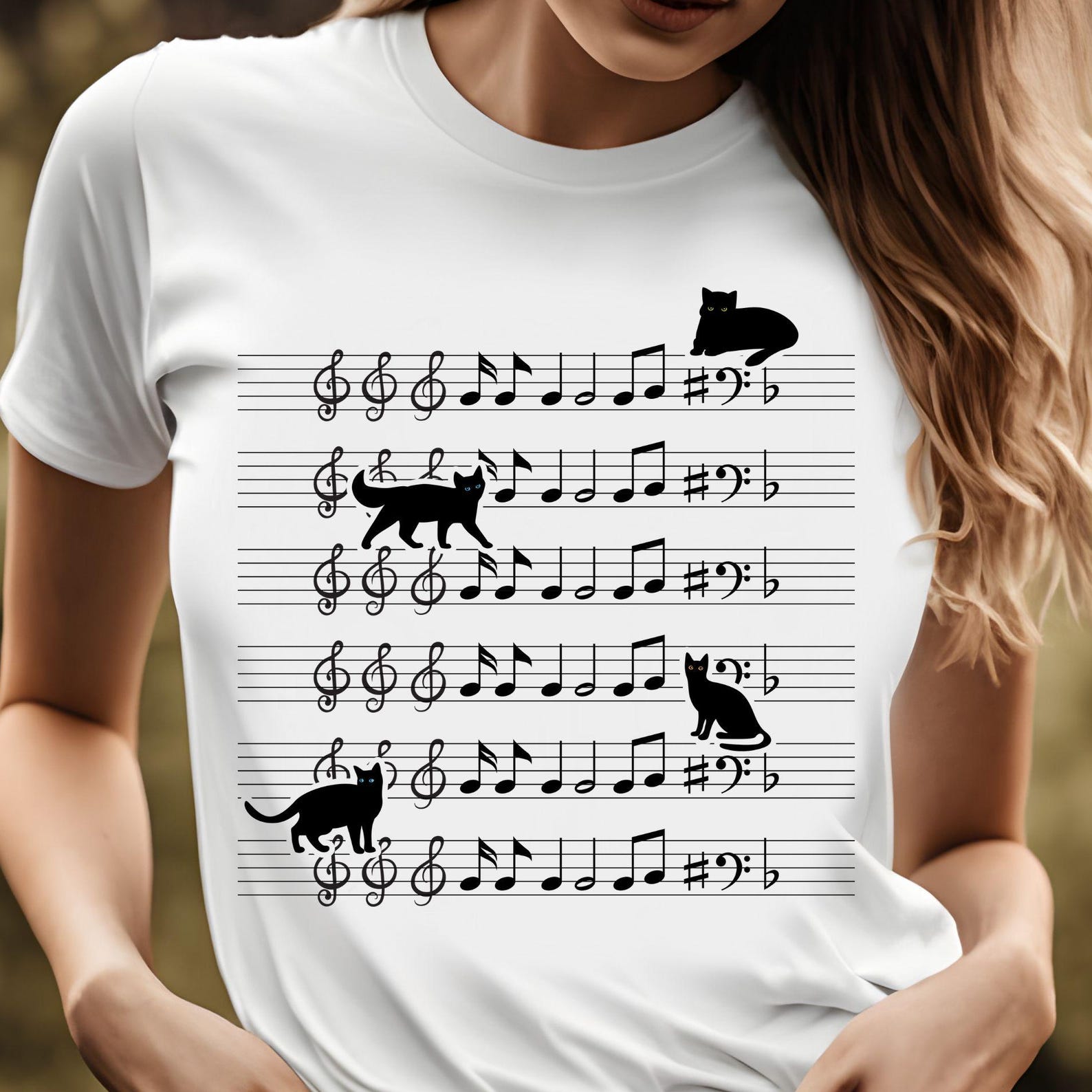 Musical Cats T-Shirt | Sheet Music Notes and Cat Silhouettes, 7 colors 4XL
