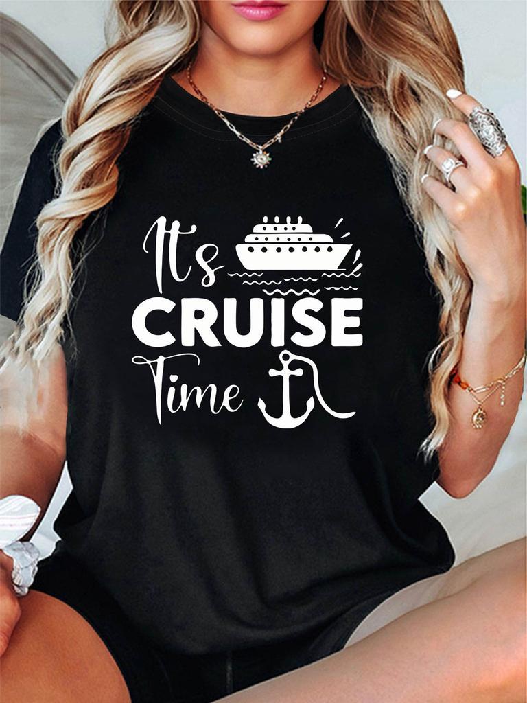 Übergröße, Es ist KREUZFAHRT-Zeit Grafikdruck Übergröße Damen T-Shirt, Kurzarm Rundhals Freizeit Oberteil für Sommer & Frühling, Damenbekleidung