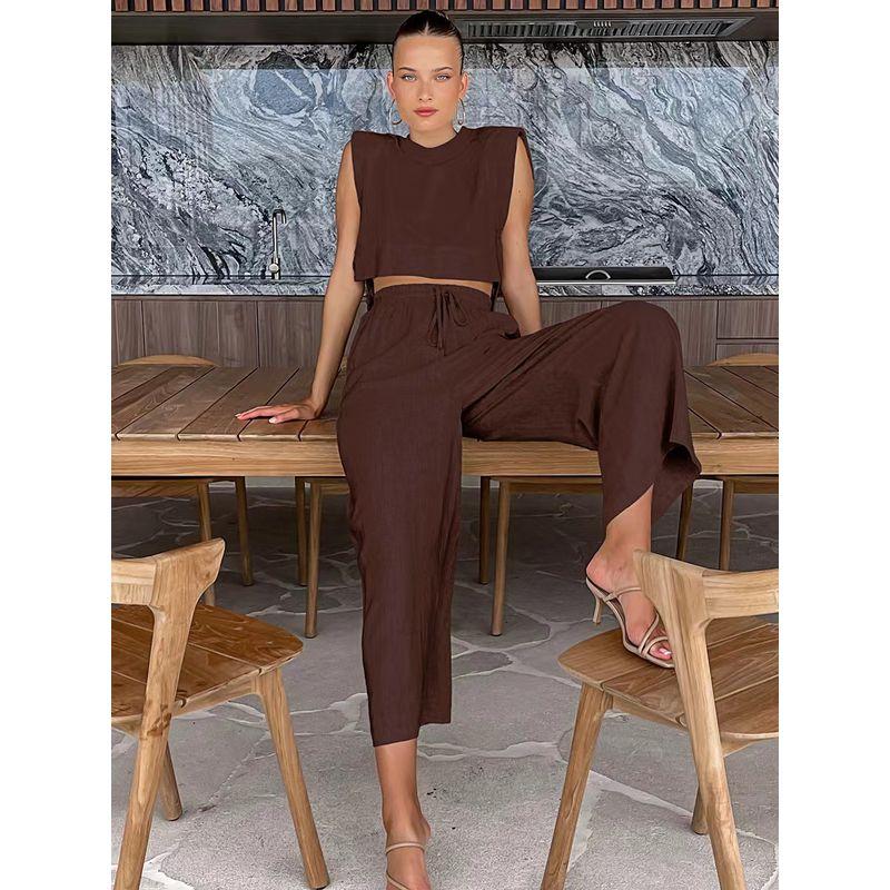 

Модный повседневный костюм с топом и брюками с подплечниками Brown M