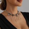 Retro Dunkler Stil Schwarzer Kristallstein Halskette mit Quasten Kette - Damen Schlüsselbein Schmuck