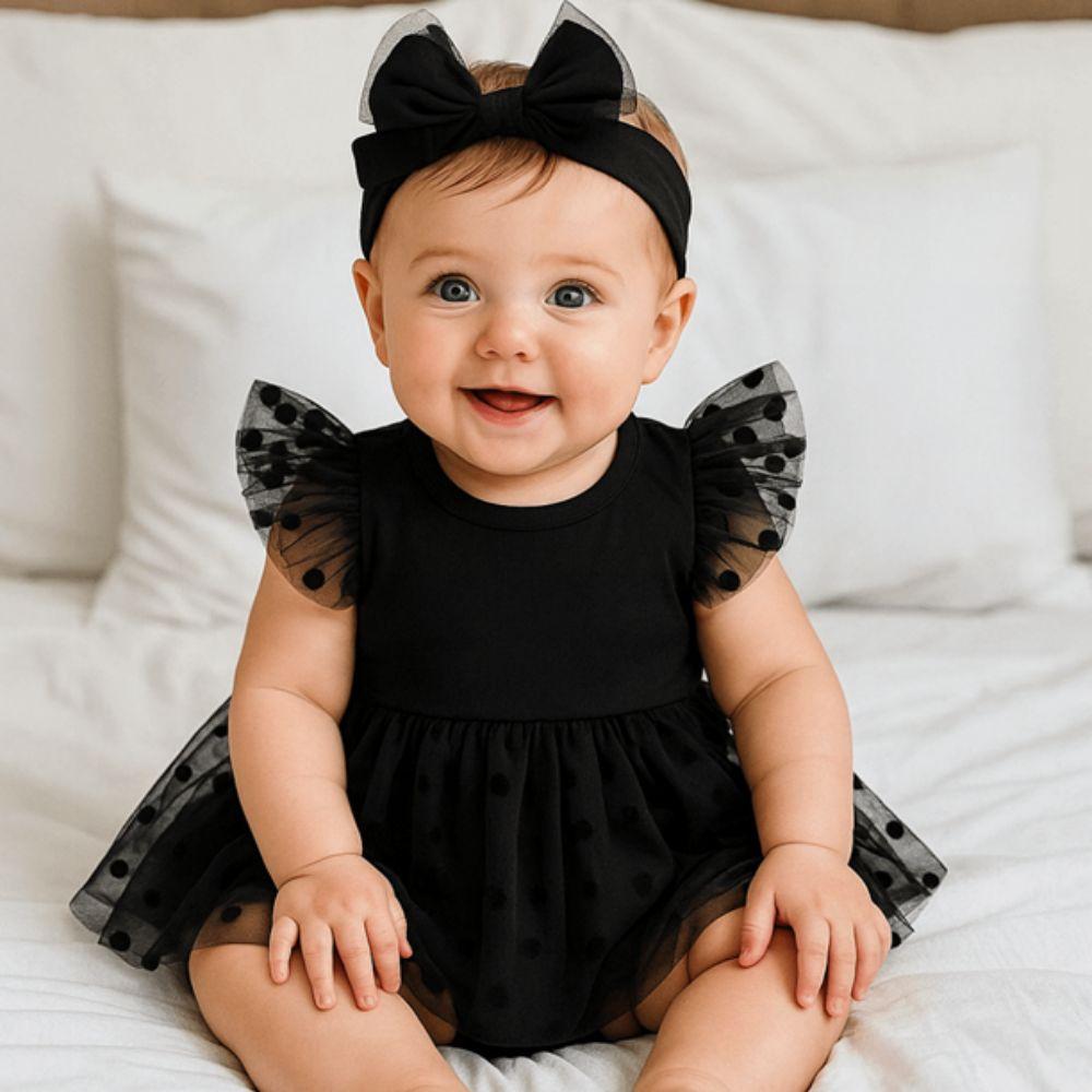 Lace Mesh Baby Girl Bodysuit Cotton Infant Dress with Headband Baby Girl Princess Dress  Birthday