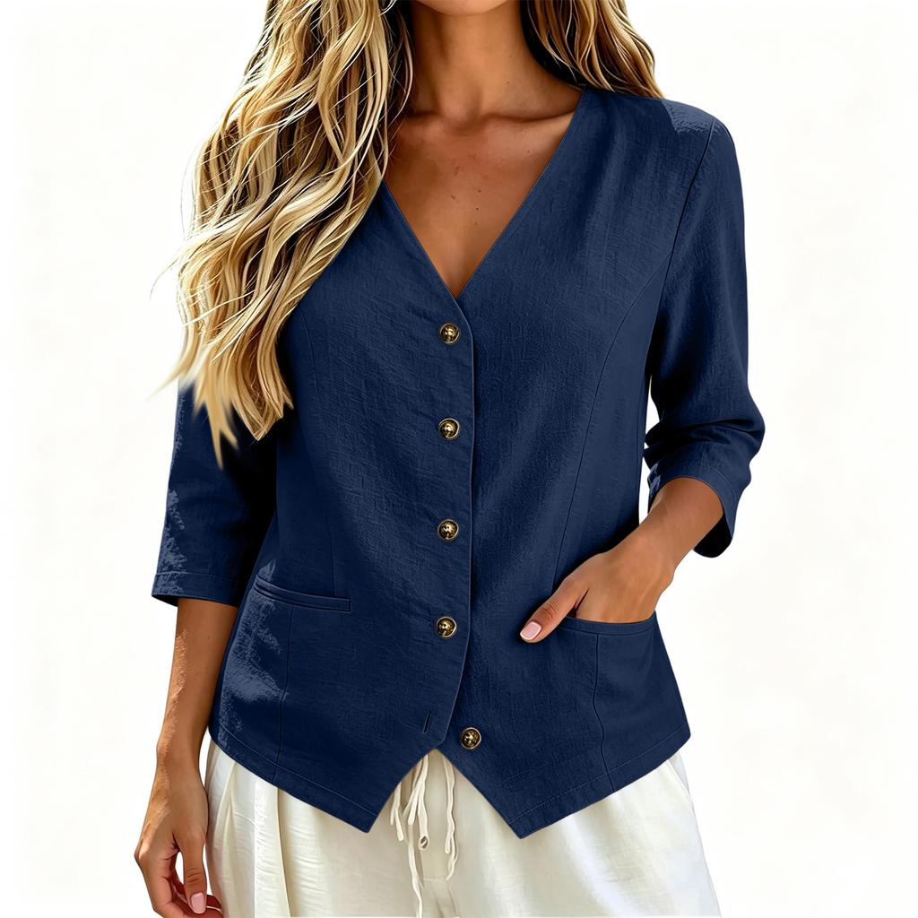 Women's Linen Shirt Button Down Three-Quarter Sleeve Casual Loose Fit with Pockets