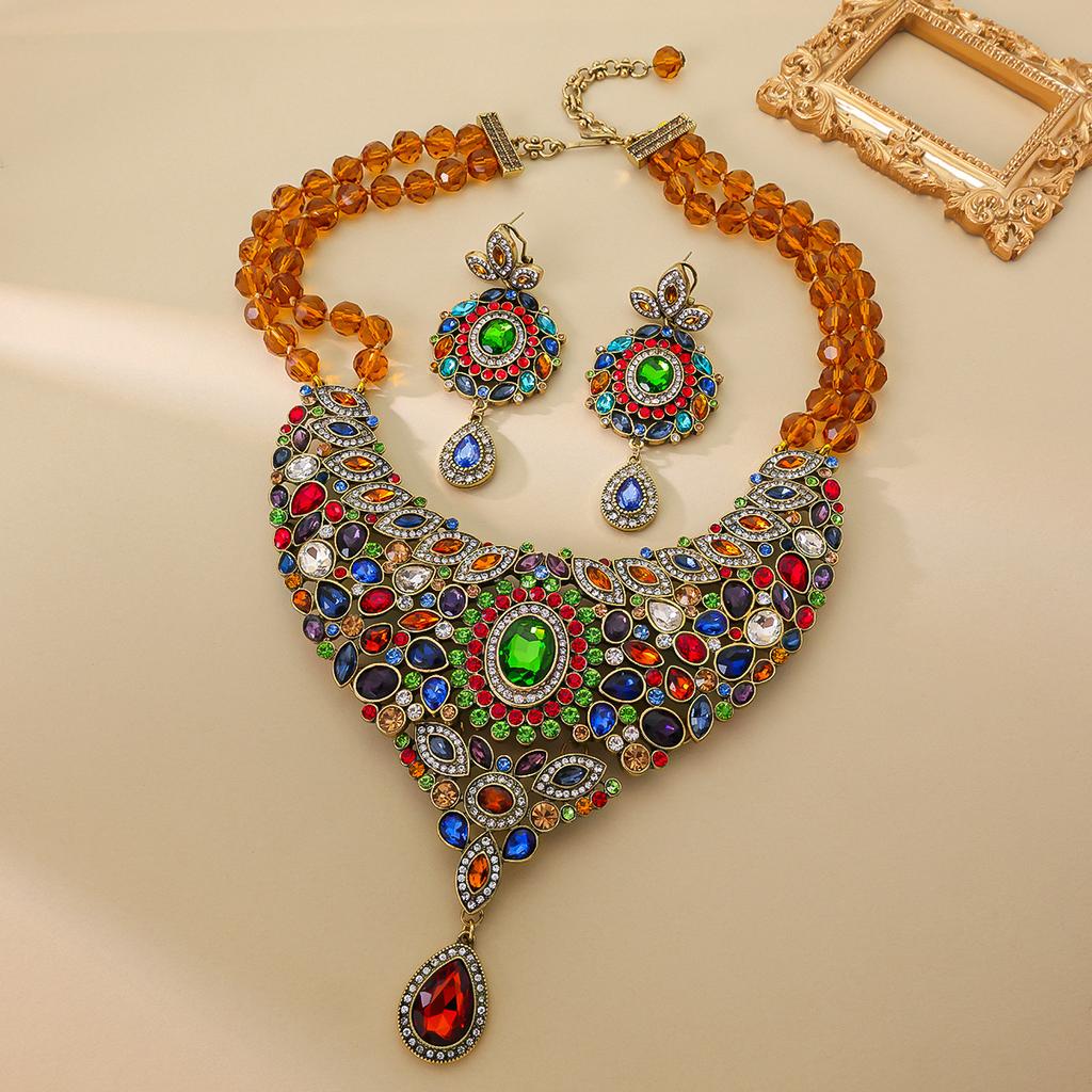 Medieval Retro Persian Style Exaggerated Multicolored Gemstones Full Of Beaded Necklace Earrings