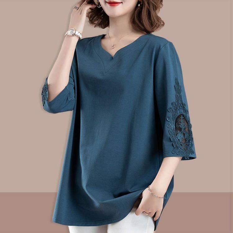 Plus Size Summer T Shirt Women Loose Solid Color Top Three Quarter Sleeve VT Shirt