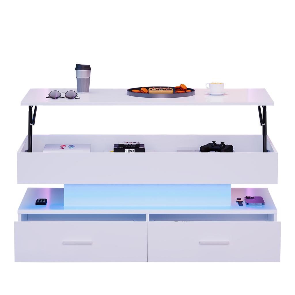100*50*44cm Hydraulic Height-Adjustable Coffee Table, with LED Lighting, Bluetooth App Control, 2 Drawers and Open Storage, White Liftable