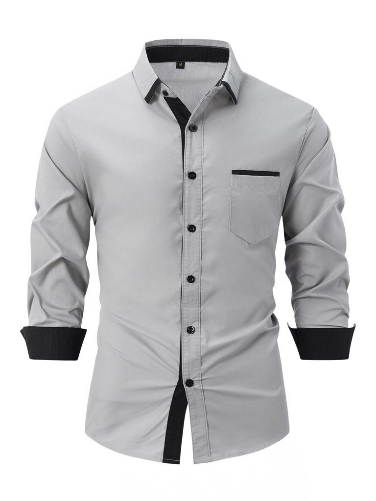 2026 Men's Slim Fit Color-Block Cotton Long Sleeve Shirt - Spring/Autumn Fashion
