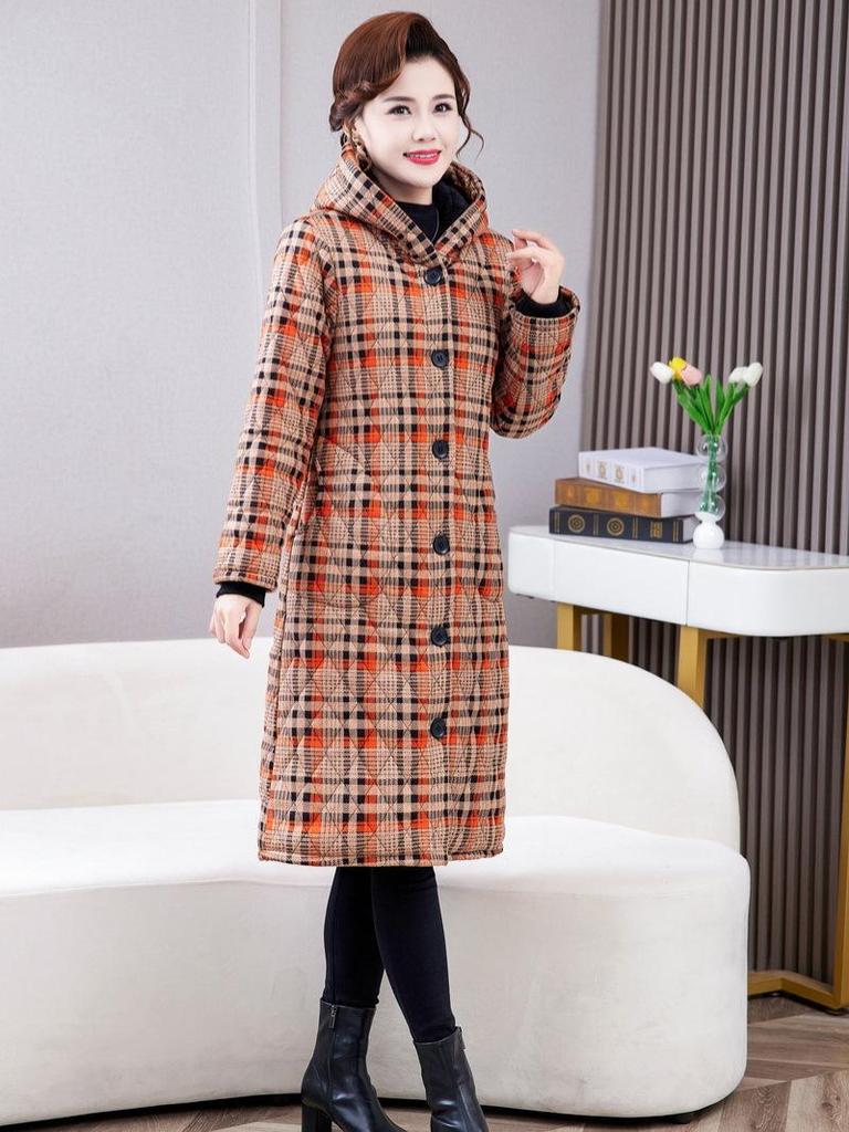 Women's Mid-length Plaid Cotton Coat - Velvet-lined, Thickened for Autumn/Winter
