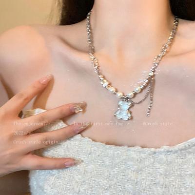 RUI RUI YU Fashion Bohemia Cute Bear Pendant Pearl Choker Necklace Women Men Neck Chains Pearl Beaded Collar Trendy Clavicle Chain Gift