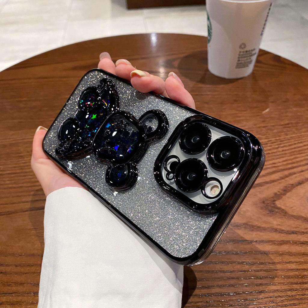 Electroplating quicksand violent bear is suitable for iPhone17 mobile phone case with glass lens film Apple 16 transparent soft case