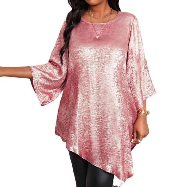 Sparkling Irregular Hem Blouse Women Loose Fit Round Neck Tee Shirt Ninth Length Sleeve Mid Top Daily Wear