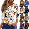 Women's 3/4 Sleeve Casual Shirt Loose Fit Round Neck Halloween Pumpkin Print T-Shirt Lightweight Comfortable Top for Everyday Wear