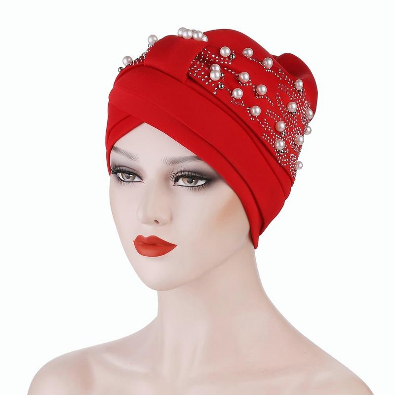 Women's Solid Color Hot Drilling Pearl Turban Hat Cap Head Hat Accessories
