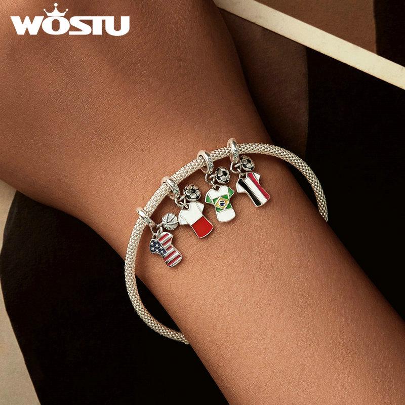 WOSTU 2024 925 Sterling Silver Football Love Sport Charm Beads Fit Women Bracelet & Necklaces Jewelry Soccer Beads
