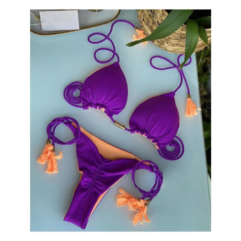 Costum de baie european și american geantă triunghiulară sexy pentru femeie Split Culoare uni Bikini sexy cu frânghie împletită multicoloră