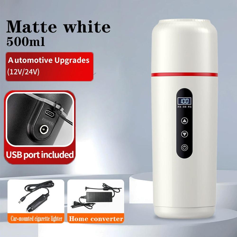 Car Electric Kettle 12V/24V Universal USB Portable Water Boiler Cup 500ml 316 Stainless Steel Fast Heating/Keep Warm