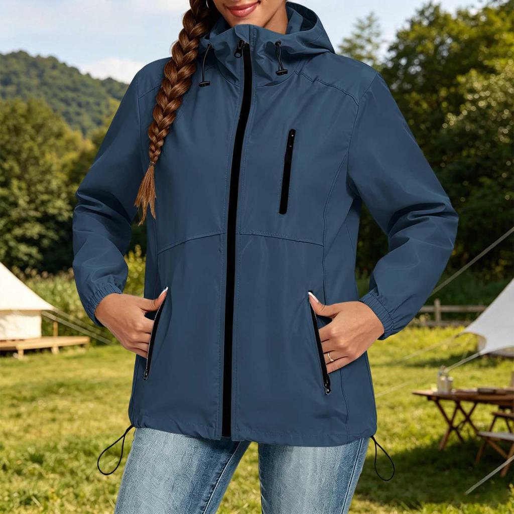 Women's Lightweight Casual Hooded Windbreaker Jacket Drawstring Waist Long Sleeve Zip Up Outerwear for Outdoor Activities