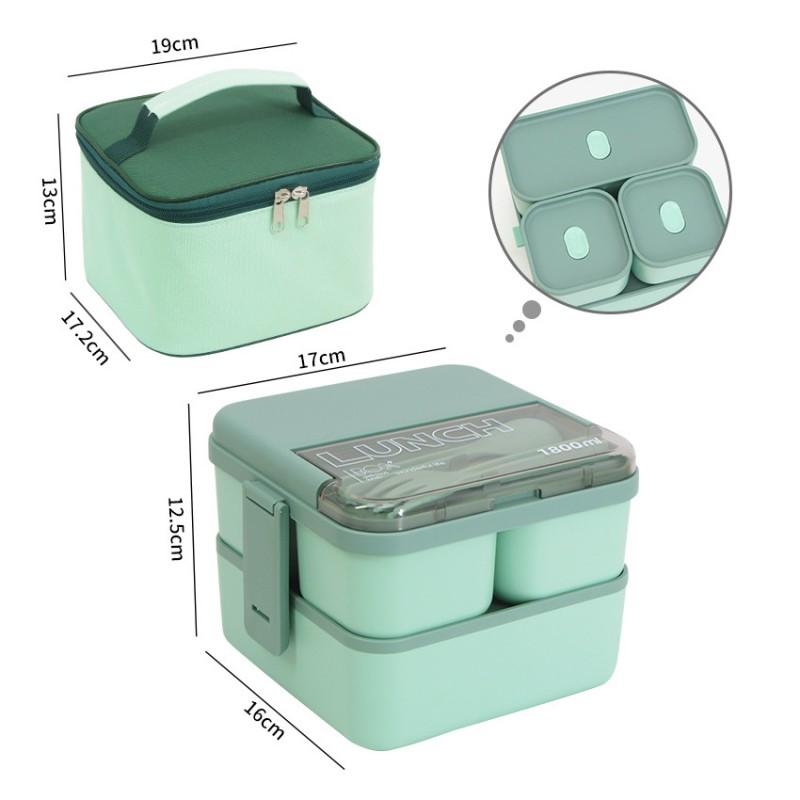 Square 5-Compartment Plastic Lunch Box With Insulated Bag Microwave Safe Leakproof Double Layer Bento Students Office Green Lunch Box Set