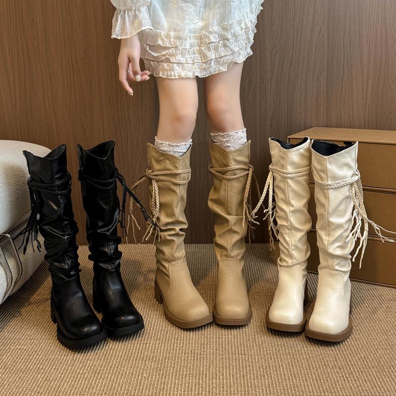 Retro Wasteland Fringed Knight Boots Women's 2025 Autumn and Winter New Thick Heel But Knee Pile Boots Fashion Boots