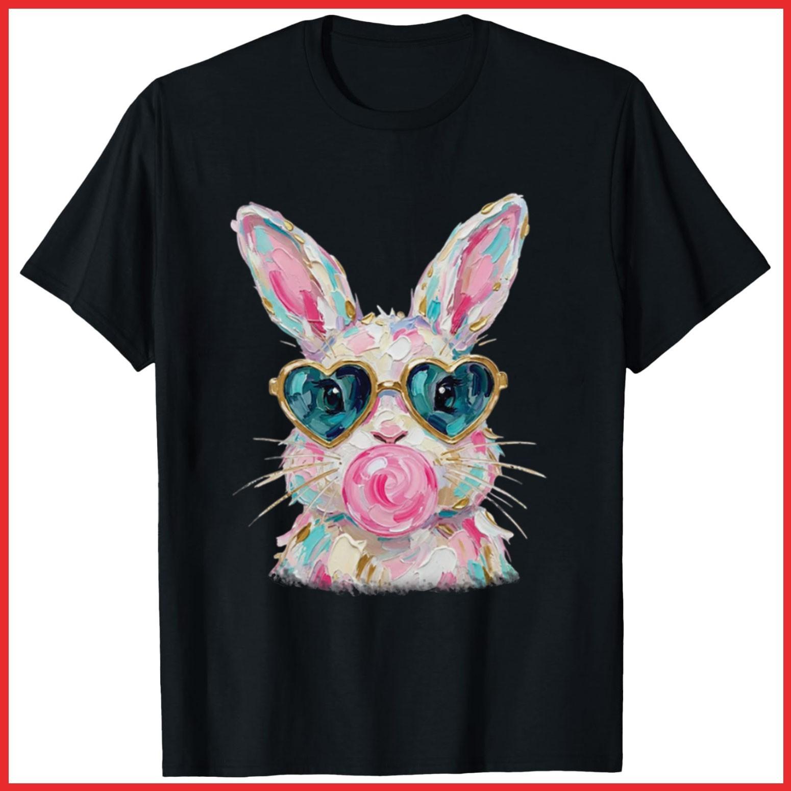 Bunny Blowing Bubble Coquette Happy Easter Black Cotton T-Shirt S-5XL XL