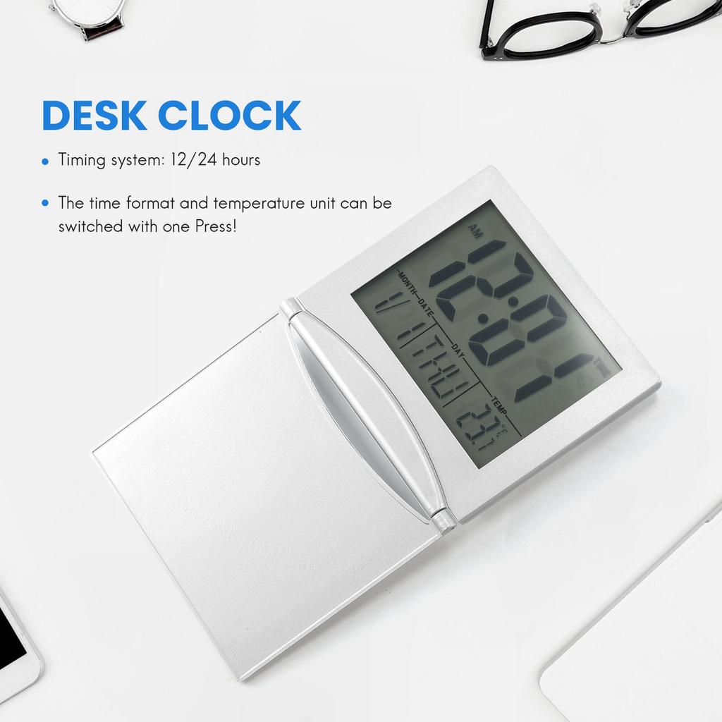 ABIY Mini Travel Alarm Clock, Digital LCD Display Desk Foldable Clocks With Snooze Backlight Temperature Date Timer 12/24Hr
