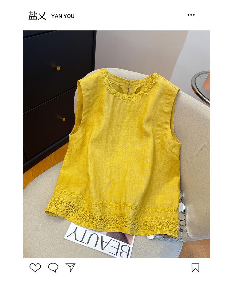 French Summer Premium Light Luxury Chic Lace Embroidery Loose Skinny Sleeveless Vest White Shirt A
