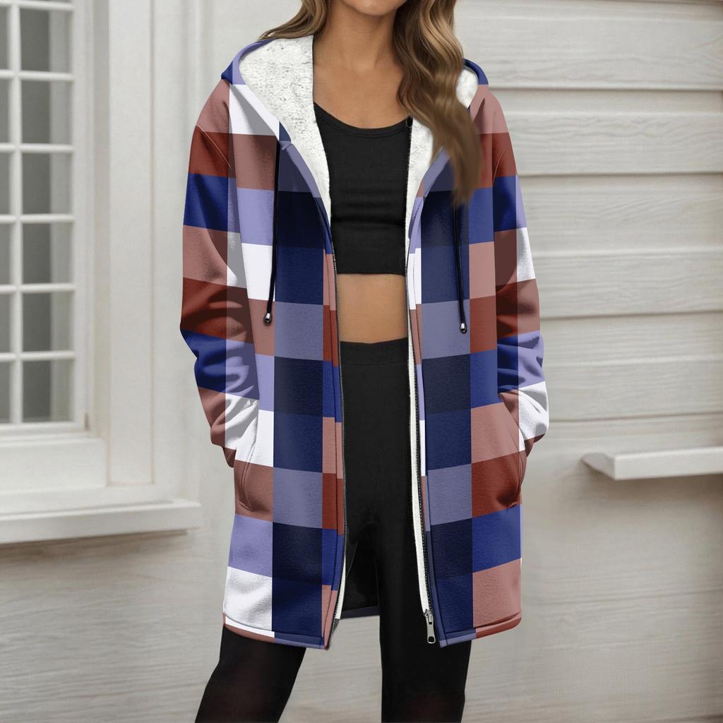 Women's Striped Printed Fashionable Loose Zipper Fleece Hoodie Jacket