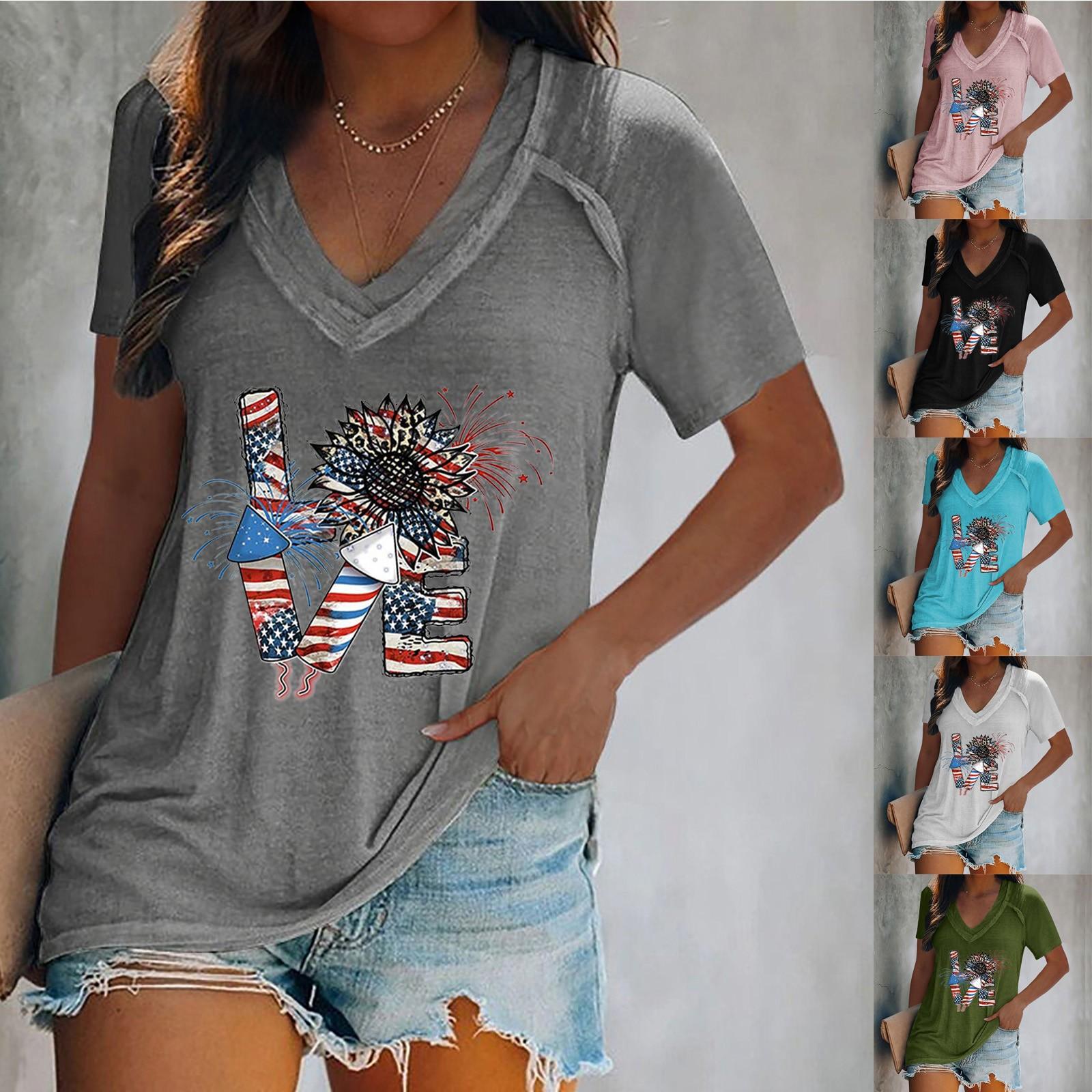 

(Острая курица)Женские топы, нарядная летняя модная повседневная футболка с принтом Дня независимости, повседневная футболка с рукавами до плеч и v-образным вырезом, тонкая струящаяся туника