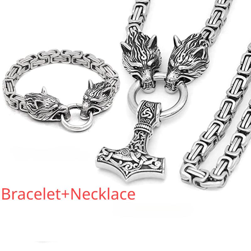 Wolf Head Pendant Byzantine Emperor Chain Necklace Bracelet Set Norwegian Viking Amulet Thor Hammer King Jewelry For Men