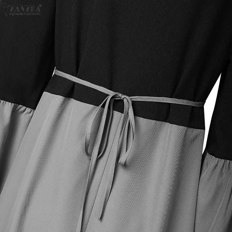 ZANZEA Women Casual Round Neck Puff Long Sleeve Loose Patchwork Dress