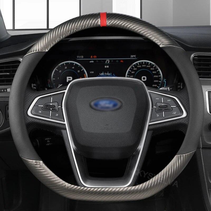 Fibră de carbon pentru mașină + piele 37-38CM husă pentru volan auto anti-alunecare pentru Ford Focus 2 3 MK1 MK2 MK3 Accesorii interioare auto