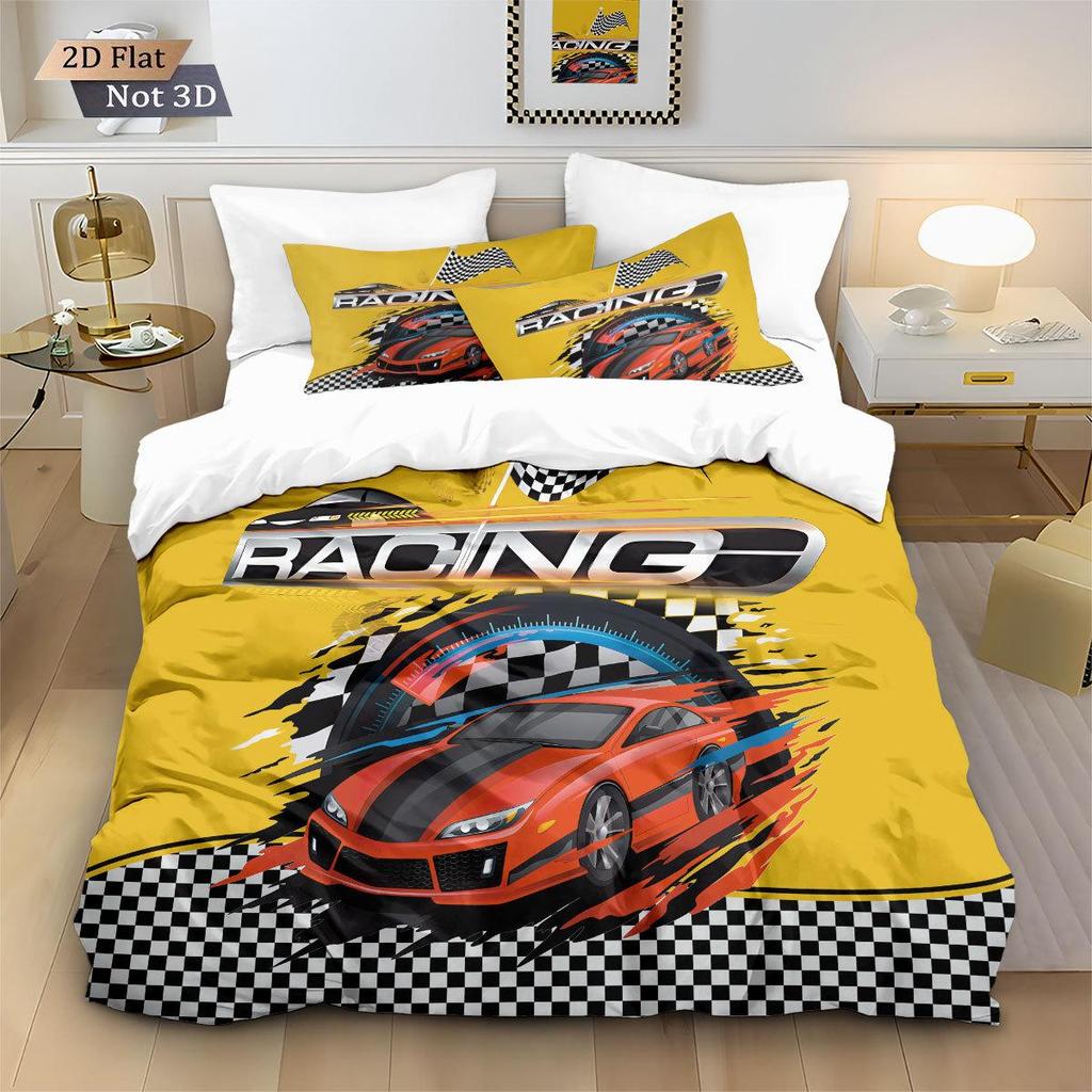 Racing Sports Car Print Bedding Set: Customizable Three-Piece with Pillowcase