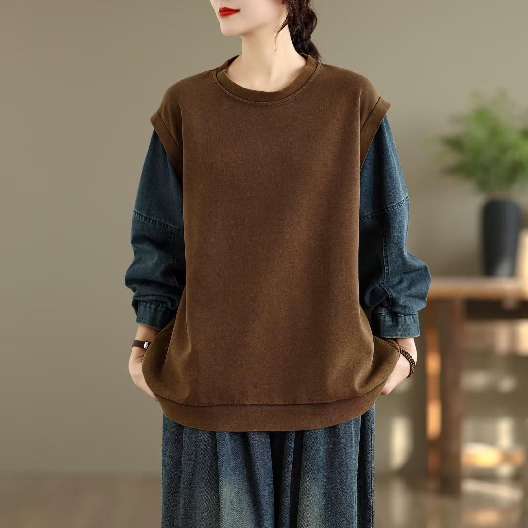 

DIMANAF Новинка 2025 Женский Хлопок Вставка Джинсовый Принт Длинный Рукав Осень Базовые Топы Футболка Новый Пуловер One Size