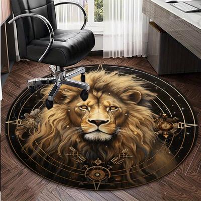 Lion Pattern Round Area Rug, Non Slip Office Chair Mat for Home Decor, Decorative Floor Carpet for Living Room and Bedroom