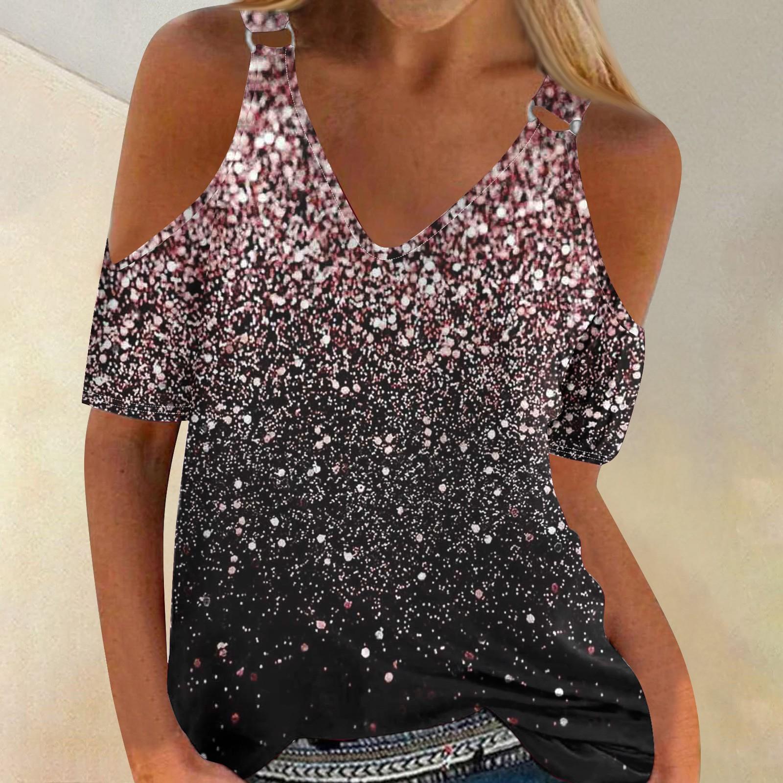 

Женская летняя свободная футболка с полым V-образным вырезом и коротким рукавом с принтом L розовый