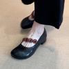 Sheepskin version~ niche retro round head thick heel single shoes women's versatile button elastic band light mouth soft leather Mary Jane shoes