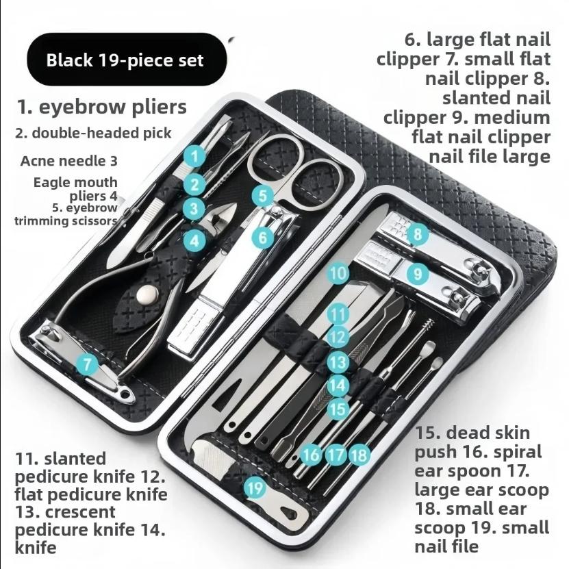 8/19/21Pcs Manicure Pedicure Set Stainless Steel Nail Clipper Cutter Kit Professional Nail File Scissors Ear Pick With Case