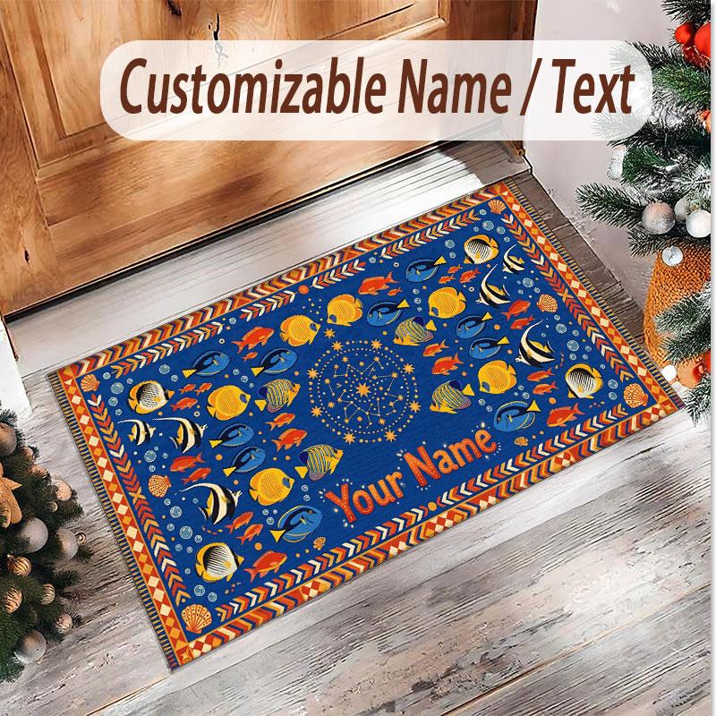 Fish Ocean Theme Soft Crystal Velvet Rug Custom Name & Text Print Non Slip Floor Rug for Bedroom Living Room